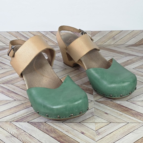 Dansko Shoes - Dansko Thea Wooden Sandals Size 40 US 9 Green Tan Leather Clogs Mary Jane Heels